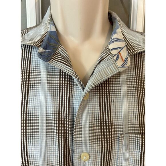 Mens Tommy Bahama Plaid Button Up Flip Cuff Shirt - size L Blue / Gray - Picture 5 of 15